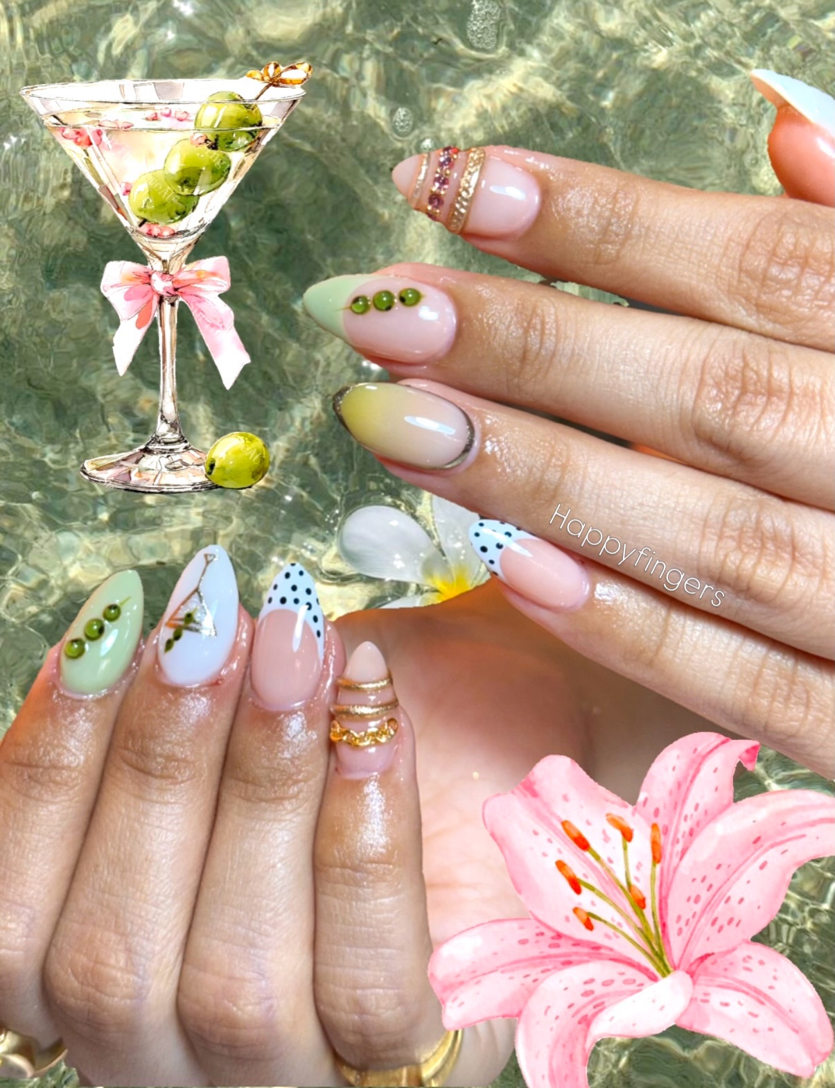Olive martini-themed nail-art close-up